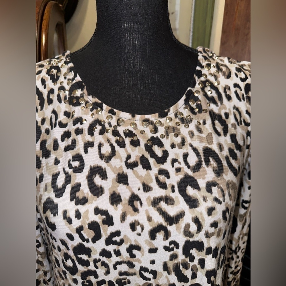 Ruby Rd. Leopard Animal Print Embellished Neckline Mini Dress Tunic Size S - Picture 6 of 7